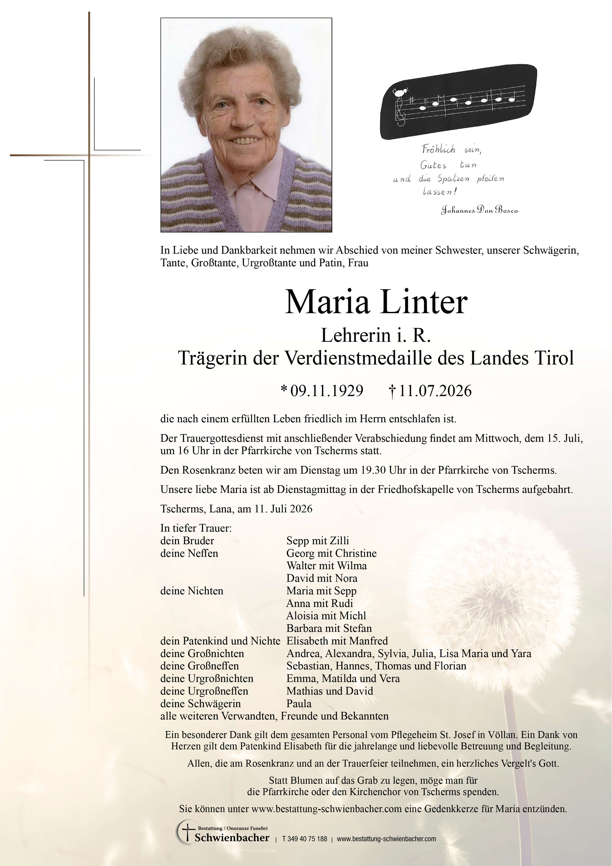 Parte: Maria Linter Lehrerin i. R.  