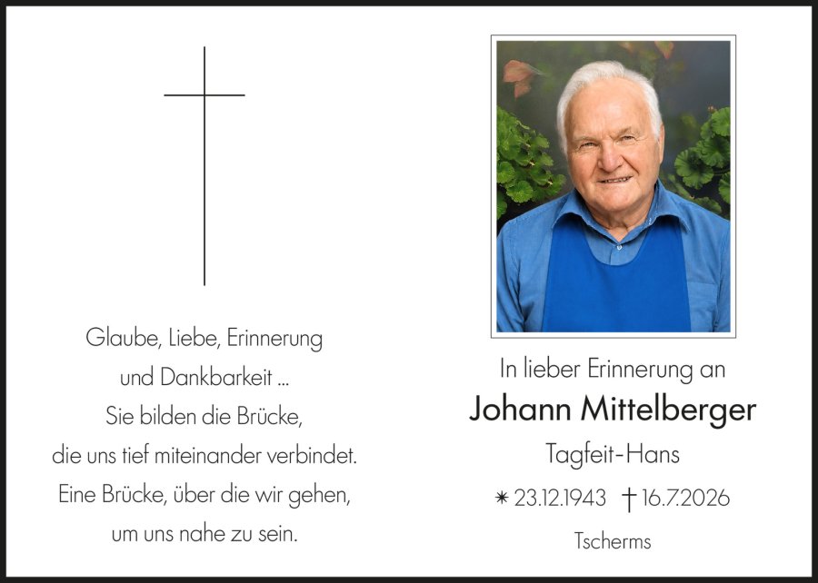 Sterbebild: Mittelberger Johann
