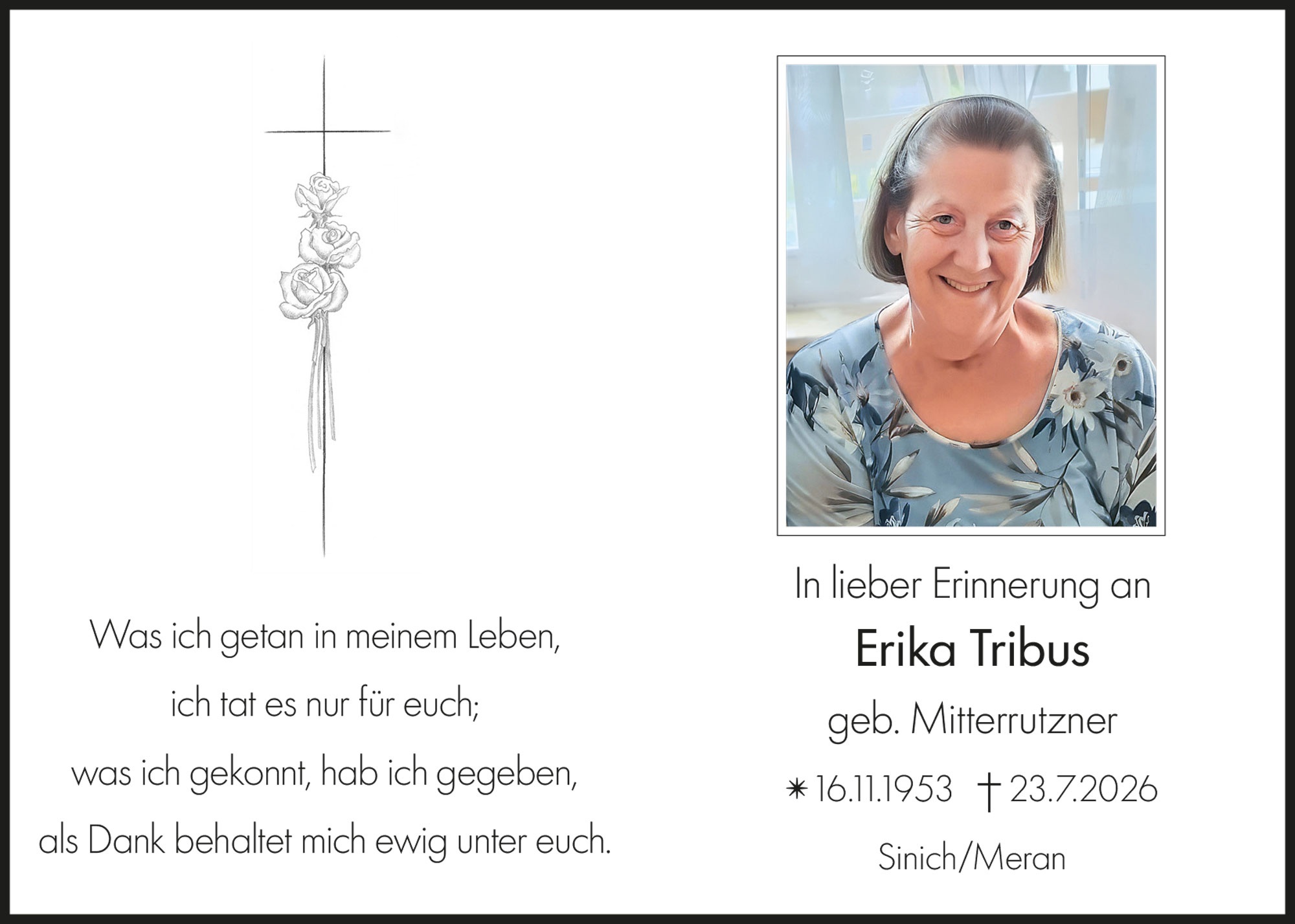 Sterbebild: Erika Tribus geb. Mitterrutzner