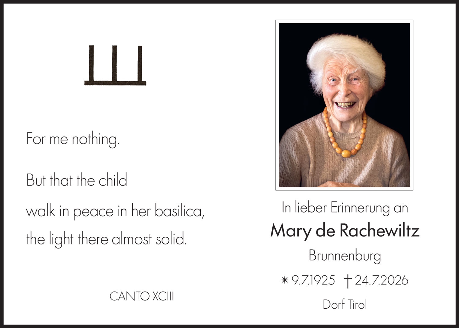 Sterbebild: Mary de Rachewiltz