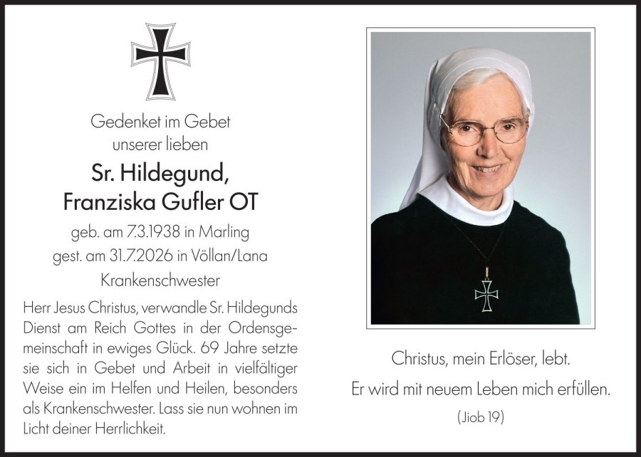 Sterbebild: Sr. Hildegund, Franziska Gufler OT