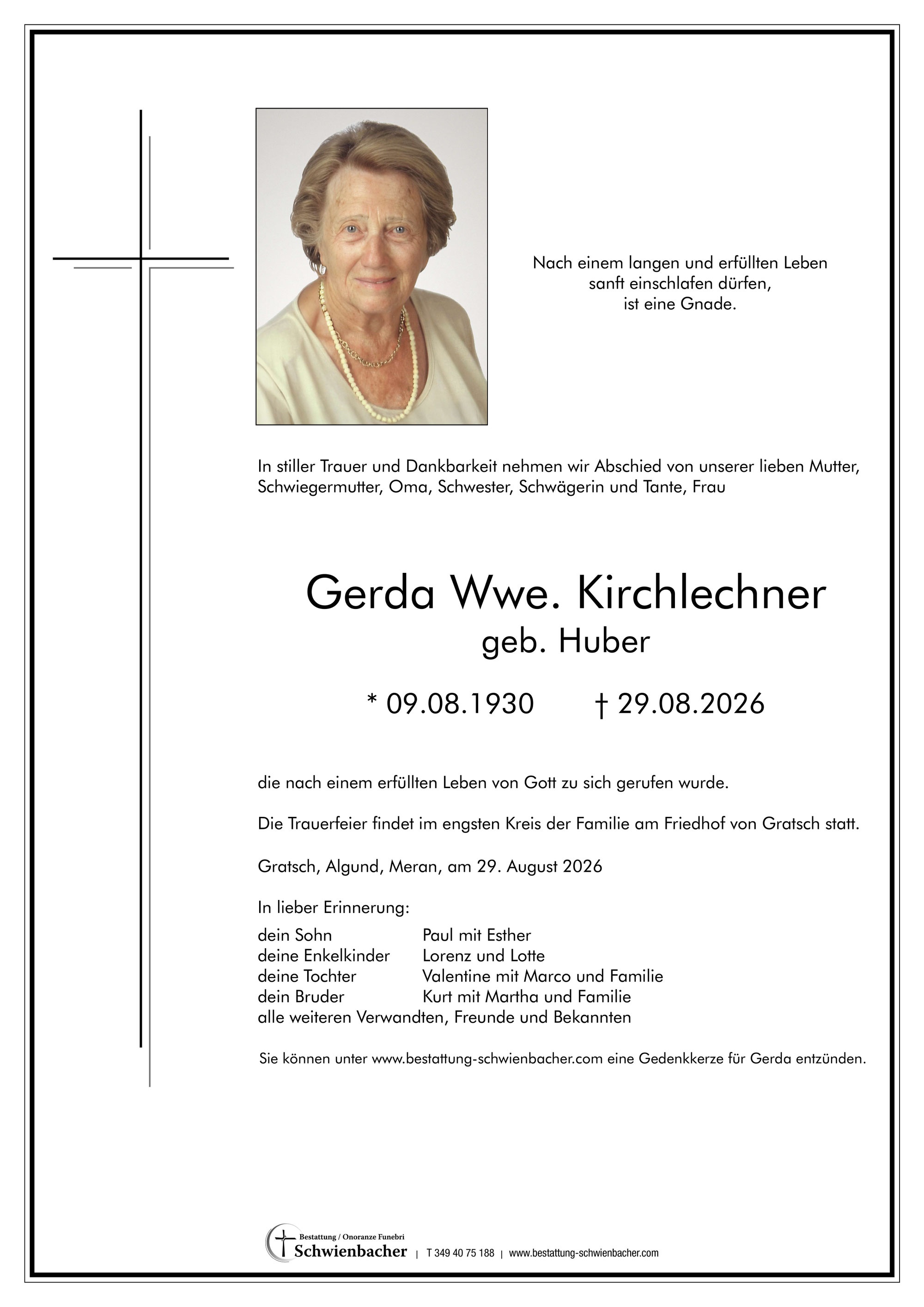 Parte: Gerda Wwe. Kirchlechner geb. Huber 
