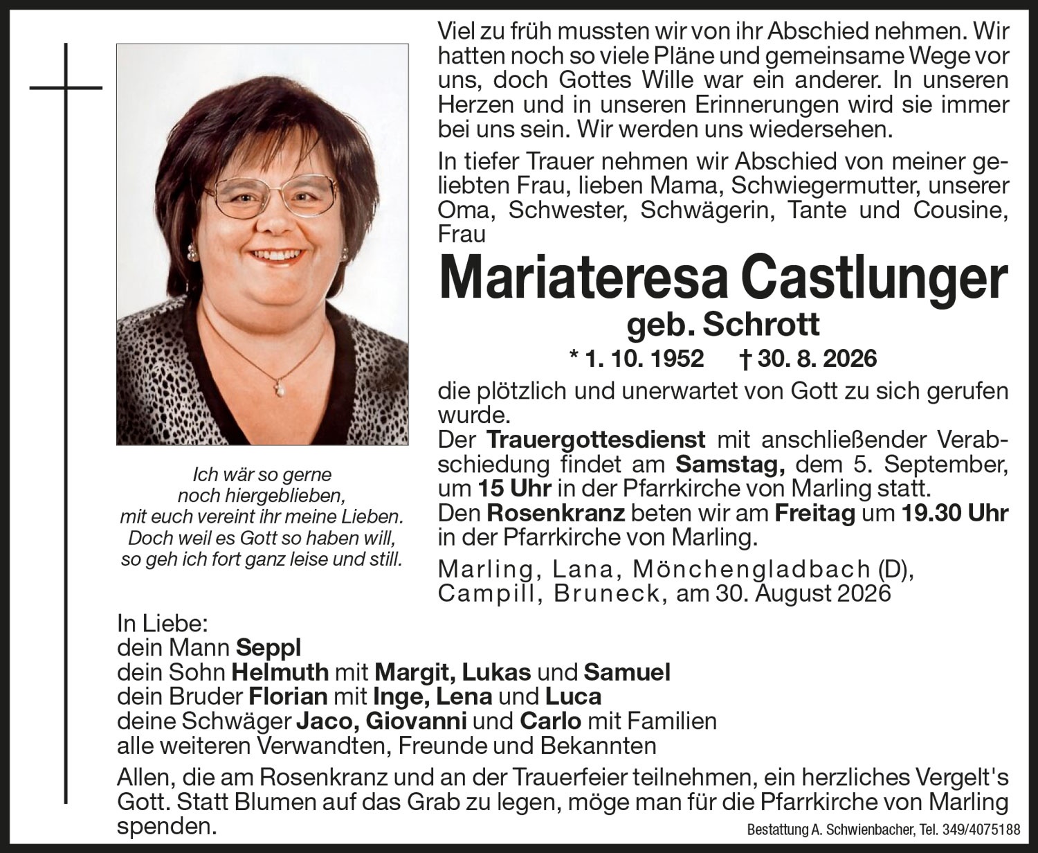 Medien: Mariateresa Castlunger geb. Schrott