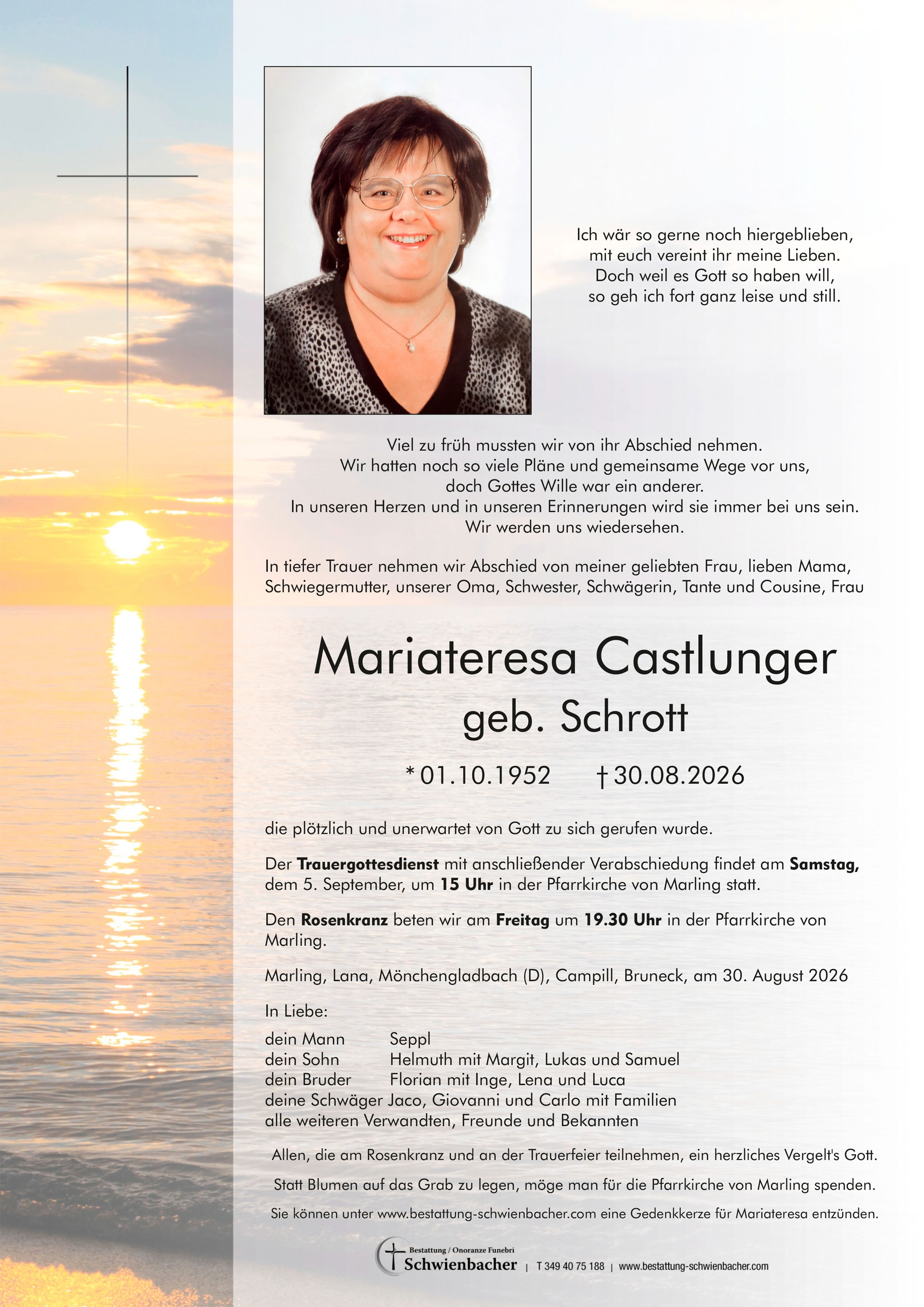Parte: Mariateresa Castlunger geb. Schrott 