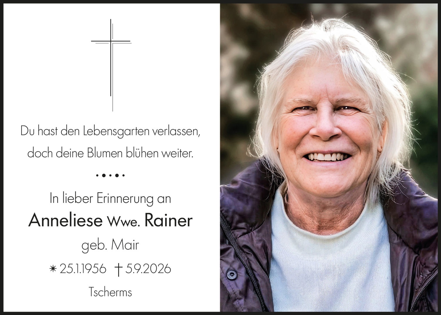 Sterbebild: Anneliese Wwe. Rainer geb. Mair