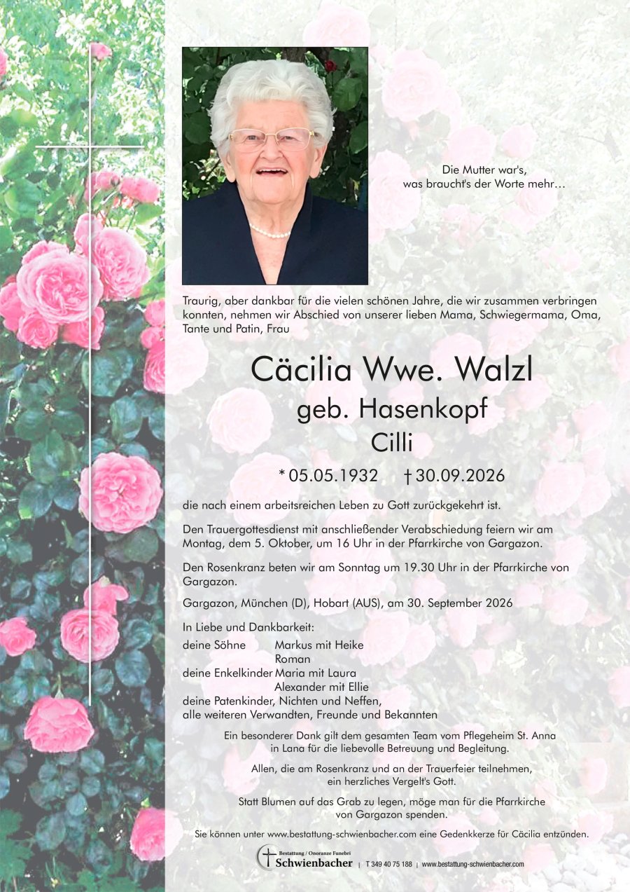 Parte: Cäcilia Wwe. Walzl geb. Hasenkopf
