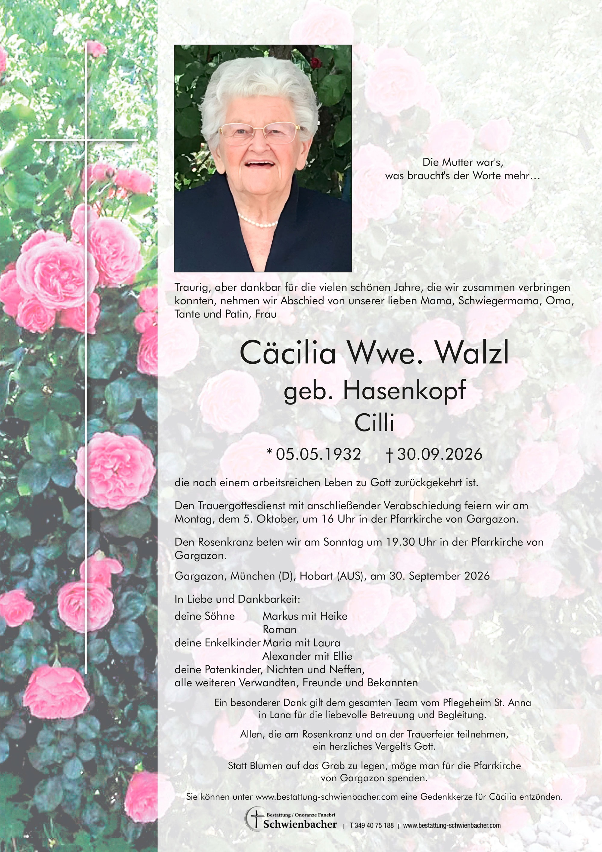 Parte: Cäcilia Wwe. Walzl geb. Hasenkopf 
