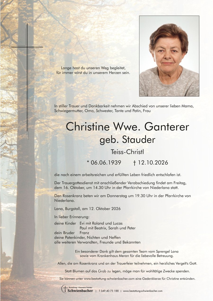 Parte: Christine Wwe. Ganterer geb. Stauder