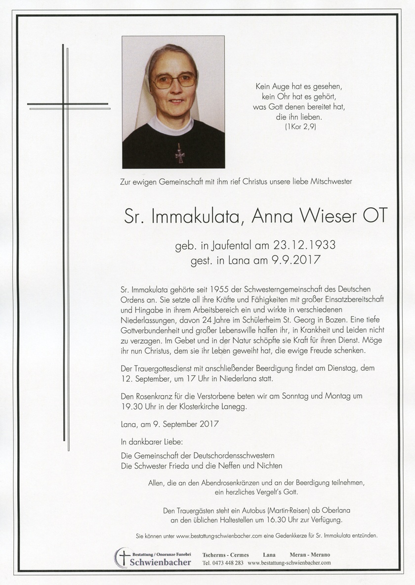 Parte: Sr. Immakulata, Anna Wieser OT 