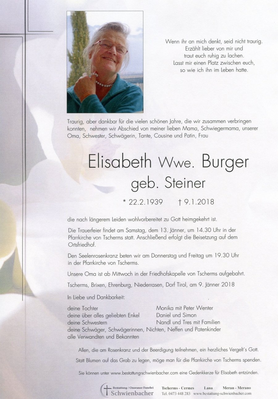 Parte: Elisabeth Wwe. Burger geb. Steiner