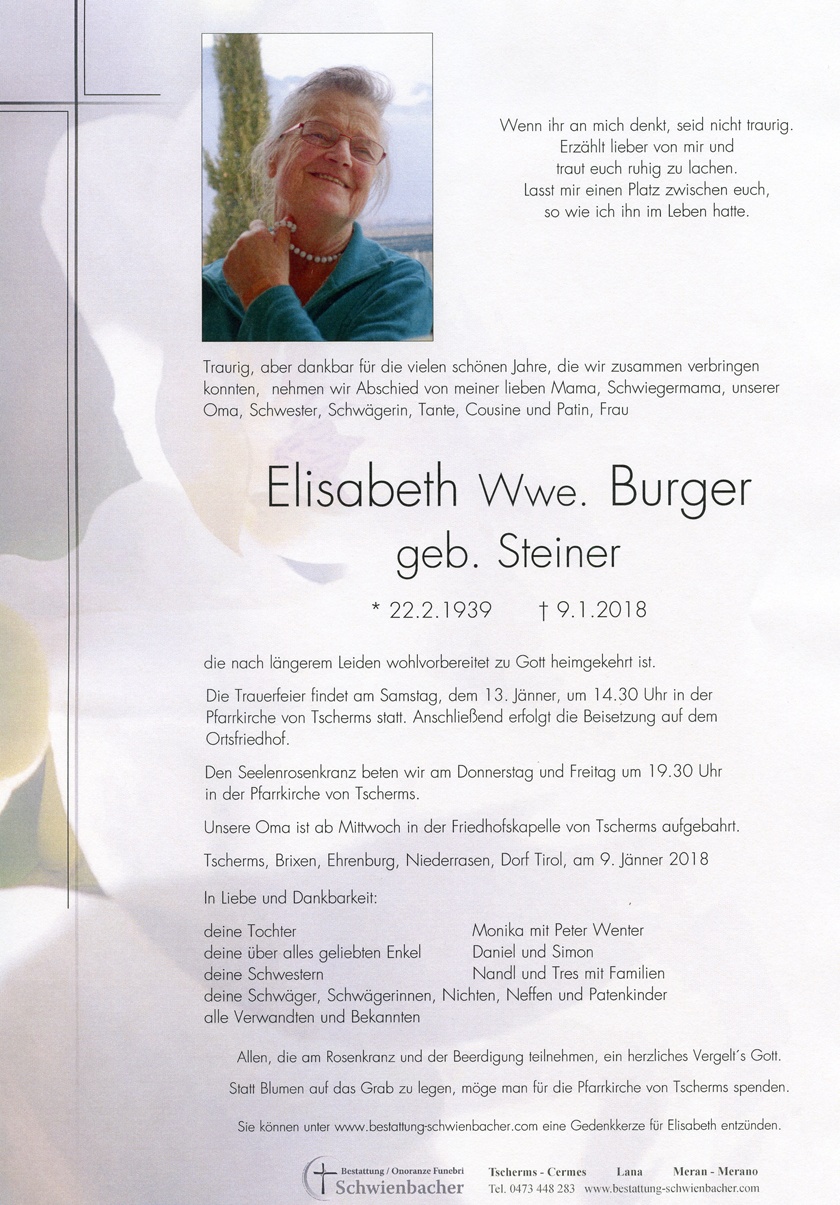 Parte: Elisabeth Wwe. Burger geb. Steiner 